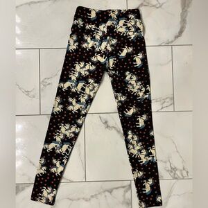 LuLaRoe Black Leggings with Cream Unicorns and Red Stars